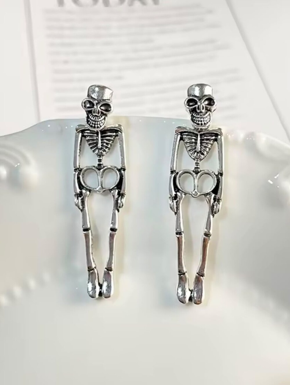 Silver Skeleton Dangle Earrings for Women - Gothic Statement Jewelry - Picture 3 of 4